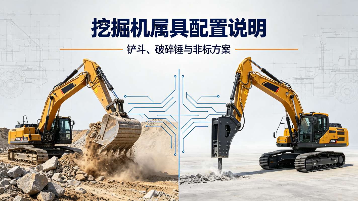 挖掘机属具配置说明：铲斗、破碎锤与非标方案